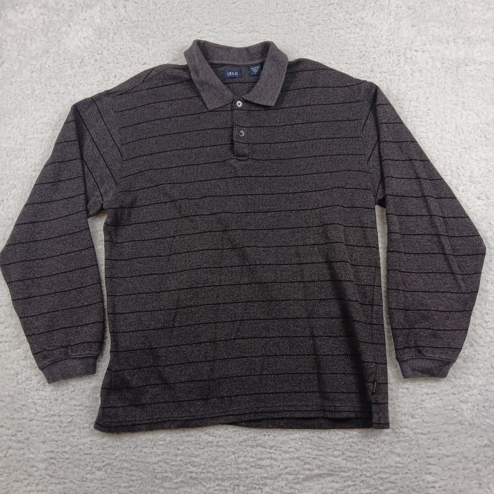 Izod Polo Shirt L Grey Striped Long Sleeve Cotton Regular Fit